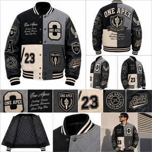 Custom Hooded V-neck <b>Patchwork</b> <b>Jacket</b> Wool Body Chenille Sleeves High Street Style OEM ODM Private Label Wholesale - Product Image 5