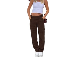 Jeans cargo pour femmes, taille mi-haute, en denim, coton élasthanne, respirant, avec poches, boutons, pantalon décontracté de rue - Product Image 6