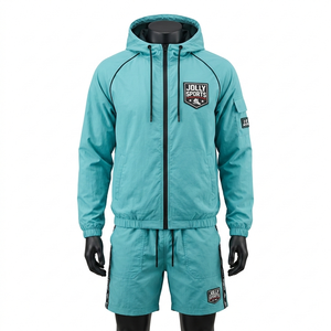 Conjunto Corto de Chaqueta Cortavientos para Hombre, 140 GSM, Poliéster Taslon, Color Verde Azulado, con Capucha, Paneles Laterales con Cinta Adhesiva, Logotipo Personalizado - Product Image 1