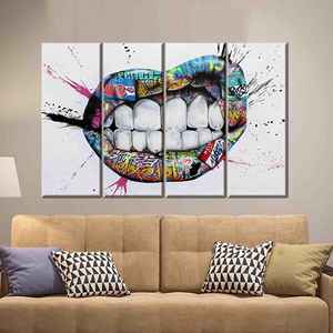 Toile d'art imprimée avec des lèvres graffiti vibrantes pour la décoration de bureau moderne, 4P : encadrée - Product Image 1