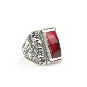 925 Sterling Silver Romantic Men's <b>Ring</b> with Red Pressed <b>Amber</b> Stone Bezel Setting Inlay and Engraving Fashionable Gift Idea - Product Image 2