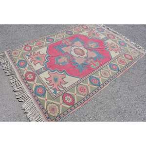 Alfombra Kilim rosa azul 4,9 pies X 6,9 pies Patchwork estilo lana viscosa tejido plano con respaldo de látex para dormitorio pasillo 10mm de espesor - Product Image 2