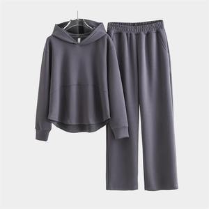 Ensemble 2 pièces surdimensionné à épaules tombantes Sweat à capuche décontracté de couleur unie avec pantalon de survêtement Sweat-shirt d'hiver Joggers avec techniques lavées - Product Image 2