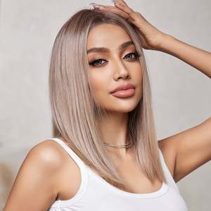DWY 16 Inch Light Pink <b>Brown</b> Short Straight <b>Wig</b> with Transparent Lace Front - Product Image 1