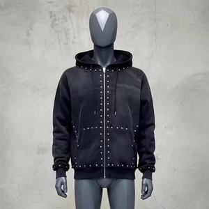 Quality Custom Logo Y2K Vintage Acid Wash Rhinestone Winter 100% Cotton Hoodie <b>Men</b> 500GSM Heavyweight Oversized Zip <b>Pullover</b> - Product Image 4
