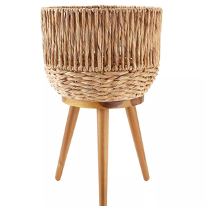 Hot Selling Premium Rustic Handwoven Water Hyacinth <b>Planter</b> With Solid <b>Wooden</b> Legs Elevated Decorative Indoor Plant Stand - Product Image 1