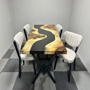 Ensemble de table à manger extensible moderne fait à la main, 6 chaises, plateau en verre trempé, pieds en métal, construction en aggloméré, écologique, durable - Product Image 1