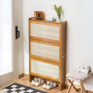 Bamboo 5-Tier Thin <b>Shoe</b> Cabinet for <b>Narrow</b> Entryway Slim Storage <b>Rack</b> with ABS Rattan Doors Living Room Cabinets - Product Image 2
