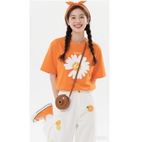 Nouveau T-shirt tricoté pour femme, imprimé (motif graphique), écologique, respirant, durable, anti-rétrécissement, 65% Coton + 35% Spandex, coupe classique, Orange