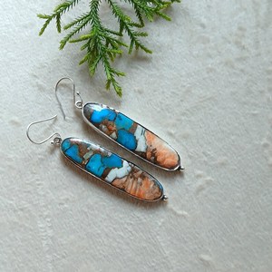 Kingman Oyster Copper Turquoise Gemstone <b>Earrings</b> in 925 Sterling <b>Silver</b> <b>Long</b> Oval Design Gift for Her Handmade Jewelry - Product Image 3