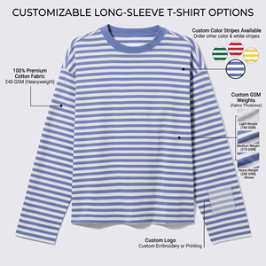 T-shirt à manches longues rayé en coton 100% pour <span class=keywords><strong>homme</strong></span>, 240 g, col rond surdimensionné, logo personnalisé, tee-shirt décontracté - Product Image 2