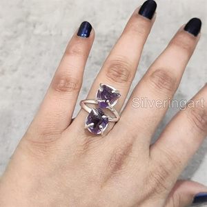 Anillo de Plata de Ley 925 con Amatista Natural, Piedra de Nacimiento de Febrero, Martillado, Hecho a Mano, para Navidad o Cumpleaños - Product Image 1