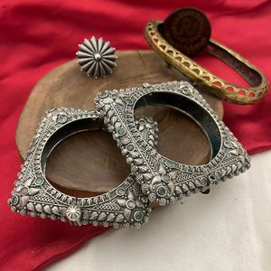 Fancy Oxidized Silver Square <b>Bangles</b> <b>Set</b> Design for Women for Wedding Party Ethnic Traditional and Reception Collection - Product Image 1