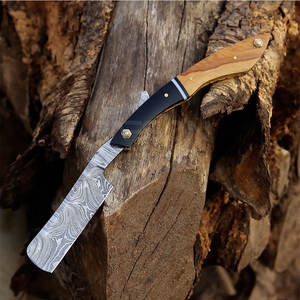 Maquinilla de afeitar recta de aseo para hombre con logotipo privado personalizado, maquinilla de afeitar de peluquero de garganta de acero de Damasco reutilizable, mango de madera de acero inoxidable - Product Image 5