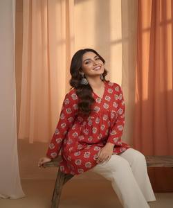 Kurti de Algodón con Estampado Elegante para Uso Diario, Color Rojo - Product Image 2