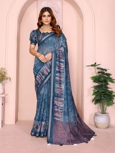 Ropa de fiesta de saris de algodón Chanderi suave Premium con serigrafía - Product Image 6
