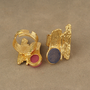 Anillo ajustable de ágata natural bohemia con cristal de azúcar, latón macizo chapado en oro de 18k, textura metálica, diseño artesanal, anillo abierto - Product Image 3