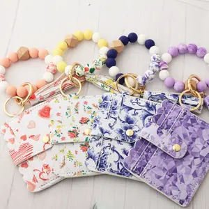 HOT Porcelain Silicone Bead Bracelet Floral Card Holder coin purse Keychain wallet silicone beaded wristlet keychains