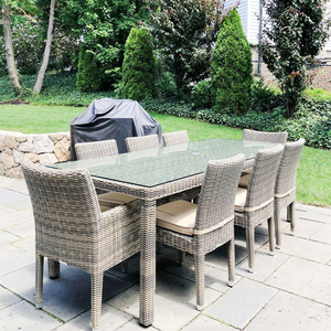 Ensemble de mobilier de jardin moderne en rotin PE et aluminium, 9 pièces, table en verre, coussins imperméables, salon, cour - Product Image 1