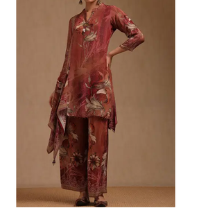 Chic marron Floral Palazzo femmes Kurta tenue coupe ample indien et pakistanais vêtements robe pour dames tenue quotidienne - Product Image 1