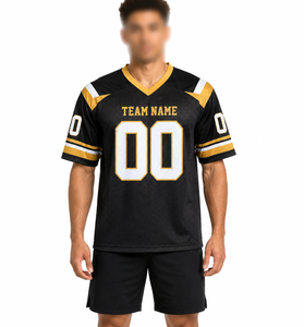 เสื้อฟุตบอลอเมริกันชาย สีดำทอง ผ้าตาข่าย คอวี แขนสั้น ระบายอากาศได้ดี พิมพ์ชื่อทีม ทรงปกติ ชุดกีฬาสำหรับผู้ใหญ่ - Product Image 1