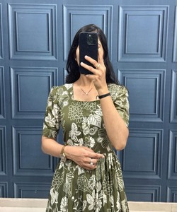 เสื้อผ้าฝ้ายมัสลินพิมพ์ลาย3ชั้นแบบทันสมัยชุดทำงานวันพีซใส่ประจำวันแบบชาติพันธุ์สีเขียว - Product Image 5