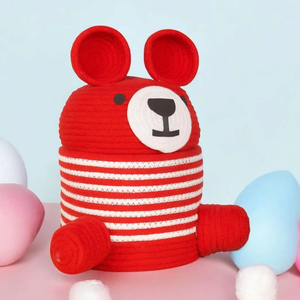 Teddy Shaped Baby Nursery Hamper Woven Cotton Rope Toy <b>Basket</b> with Handles <b>for</b> Kids Room <b>Storage</b> - Product Image 1