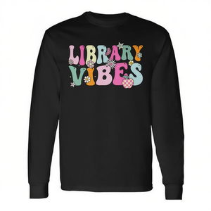 Groovy Library Vibes Retro School Library Crew T-shirt a maniche lunghe in stile vintage promozionale - Product Image 2