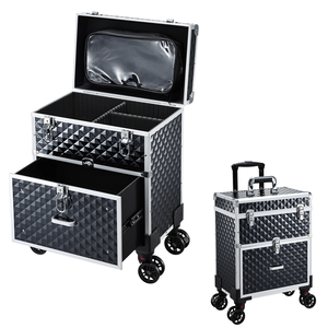Valise de maquillage à roulettes avec tiroir et sac amovible, grande boîte de rangement pour cosmétiques, idéale pour les techniciennes en manucure et les coiffeuses - Product Image 1