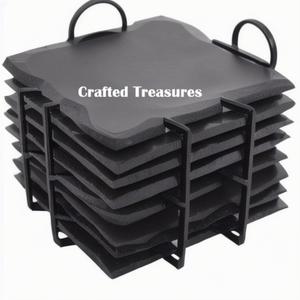 Juego de posavasos de mármol de café para bebidas negras cuadradas redondas de fábrica de 8 posavasos de pizarra a granel con soporte de Metal - Product Image 1