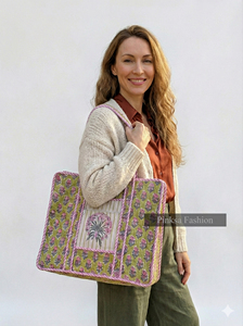 Bolsa de Mano Grande Hecha a Mano con Diseño Acolchado, Estampado de Bloques, Bolsillo con Cremallera, Estilo Femenino, Temporada Primavera Verano, Playa, Mercado - Product Image 3