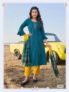 Ensemble Kurti et pantalon en viscose rayonne lourde avec dupatta en soie Chanderi, mode féminine, grossiste en Inde, exportateur mondial - Product Image 3