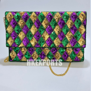 กระเป๋าถือปักเลื่อมมาร์ดิกราส์ทำด้วยมือกระเป๋าฮาร์เลควินสีม่วงสีเขียวและสีทองสำหรับขบวนพาเหรดเทศกาลและงานเฉลิมฉลอง - Product Image 3