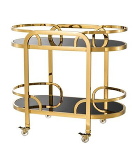 Carrito de barra de oro moderno, diseño ovalado, estantes de vidrio, carro minimalista elegante, muebles de servicio elegantes, acento de decoración. - Product Image 5