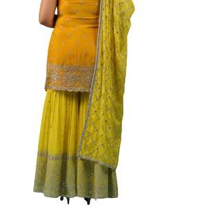 Costume Sharara Chinon jaune chromé avec broderie pour femme réception de mariage et tenues indiennes traditionnelles - Product Image 5