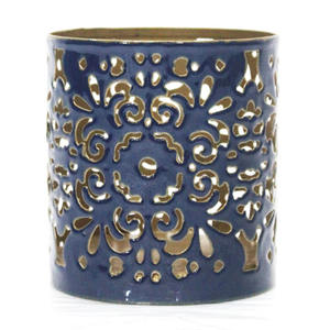 Bougeoir votif en fer en métal bleu et or classique avec découpe élégante pour décor d'éclairage à la maison et lanternes de bocaux à bougies - Product Image 1