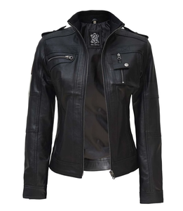 Custom Women Biker Jacket High Quality Genuine Black Denim Streetwear New Arrival Big Size Winter Leather with Cotton Filling - Product Image 4