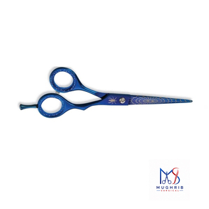 กรรไกรตัดผมสแตนเลส ใบมีดตรง ลายใยแมงมุมสีน้ำเงิน ด้ามจับโลหะทนทาน รูกลม - Product Image 4