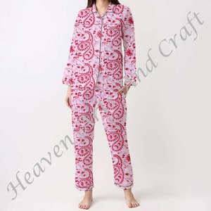 100% coton Long confortable pyjama ensemble robe douce printemps/été Floral/personnage/lettre/motif/vacances/motif cocotier - Product Image 2