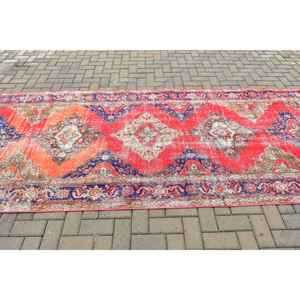 4.6x12.9 ft Vintage Turkish Rug, <b>Runner</b> Rug, <b>Red</b> Striped Rug - Product Image 3