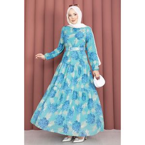 Vestido de Chifón con Cinturón y Estampado Floral Turquesa, Diseño ODM Personalizado, Vestidos Translúcidos de Moda para Ocasiones Diurnas, Naturales - Product Image 5