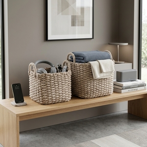 Natural Seagrass Storage <b>Basket</b> Set Chunky Braided Cord <b>Square</b> Bin Arch Handle Tabletop Planter Pure Art Room Setup Decor Crafts - Product Image 5