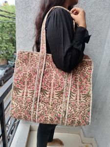 Handmade Quilted Eco-friendly Boho <b>Tote</b> Large Cotton Floral Printed Reusable Washable Stylish Women's <b>Canvas</b> <b>Bag</b> Zipper Closure - Product Image 3