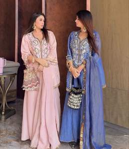 Última Colección, Conjunto de Kurti, Palazzo y Dupatta de Seda Chinon Pura para Mujer Adulta, Bordado con Lentejuelas, con Encaje de Monedas Doradas, Estilo Indio - Product Image 2