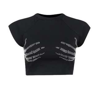 Top Sexy de manga corta con diamantes para mujer, Camiseta ajustada de algodón con ropa activa, decoración de diamantes de imitación, tallas XXS XS XL disponibles - Product Image 1