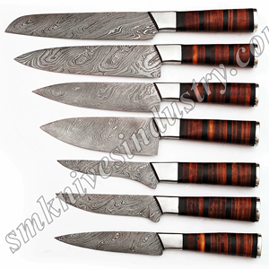 Juego de cuchillos de cocina de 7 piezas con mango redondo de acero de Damasco hecho a mano con estuche de cuero, incluye cuchillos de Chef (SMK1059) - Product Image 1