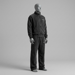 Custom Black Acid Wash Tracksuit Vintage Washed Sweat Suit Full <b>Zip</b> Jacket Jogger Set Cotton Fleece OEM ODM Manufacturer - Product Image 1