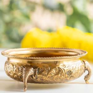 Traditional Style Gold Brass Urli with <b>Elephant</b> Trunk and Foliage Design Round Shape Tabletop Vase for Diwali Festivities - Product Image 6