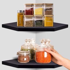 Wall Decor Black Corner Shelf Wall Mount Solid Acacia Wood Floating Corner <b>Shelves</b> Attractive Corner Shelve for Kitchen <b>Bedroom</b> - Product Image 4