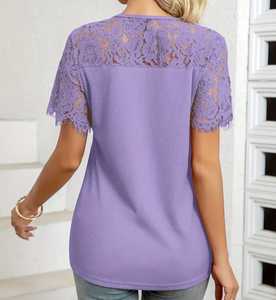 Chemisier à col en V en maille florale, chemisier vintage à manches courtes pour le printemps et l'été, vêtements pour femmes - Product Image 5